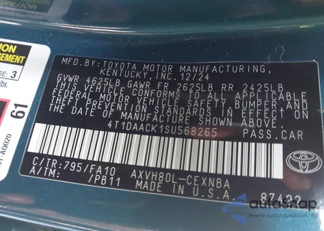 2025 Toyota Camry Le из США, поврежденный, VIN 4T1DAACK1SU568265